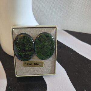 Vintage Deep Green Paua Shell Earrings